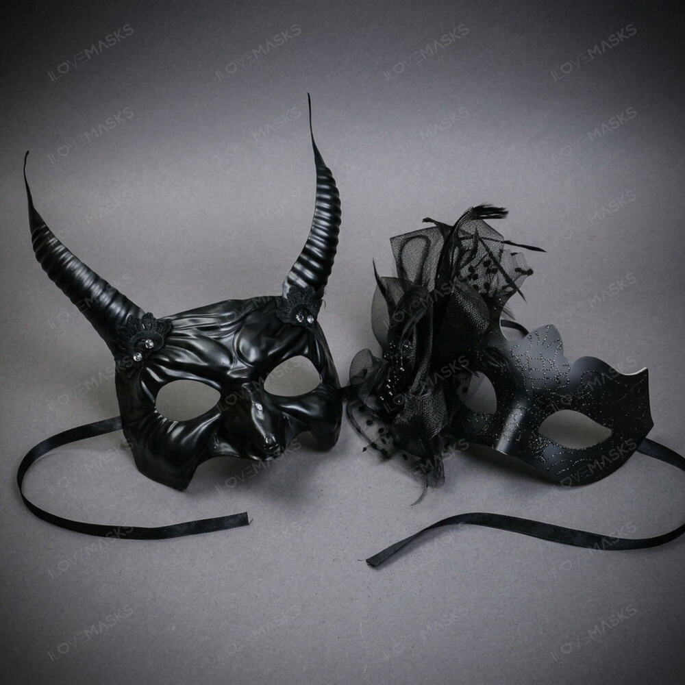 Black Devil Horn Demon Mask & Tulle Glitter Masquerade Couple Mask Set